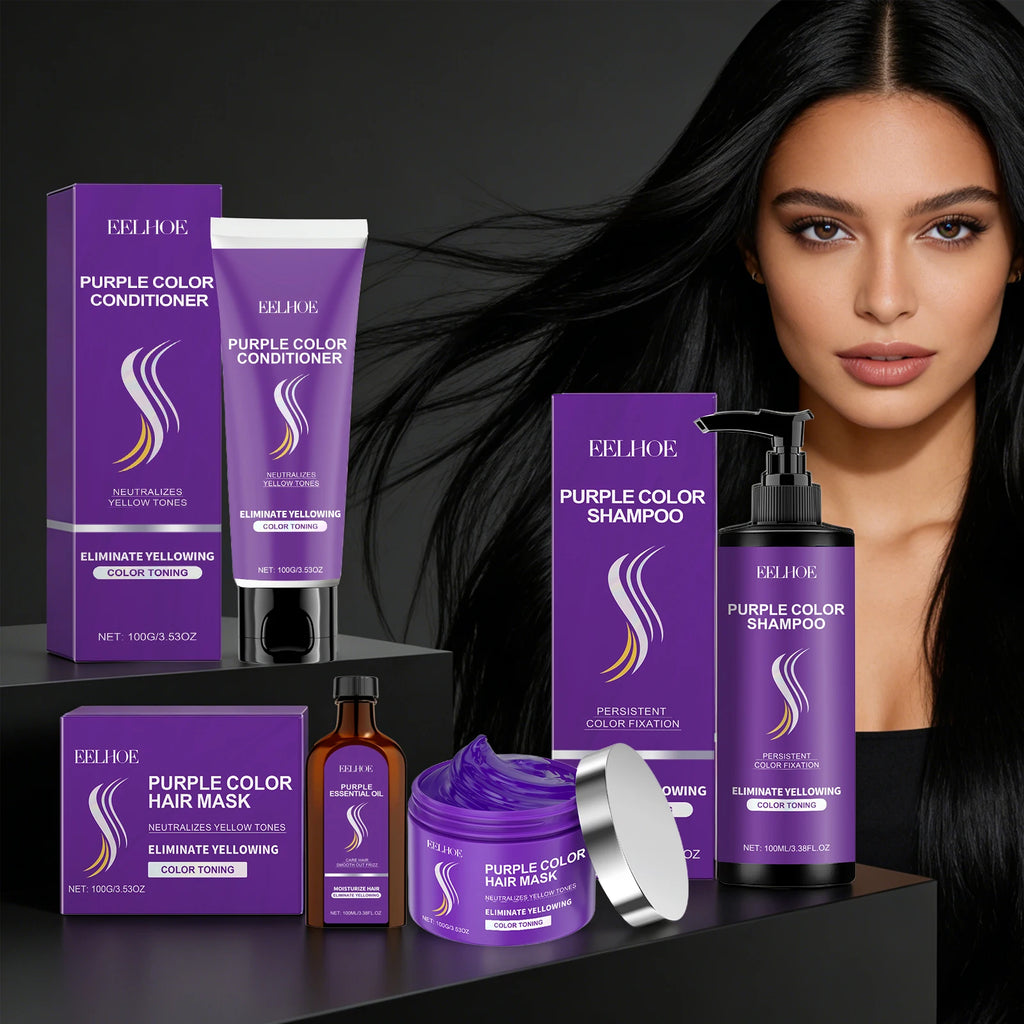 Purple Hair Shampoo and Conditioner Set Collagen Hair Mask Anti-Frizz Damaged Repair Scalp Massage Nourishing Hair Essential Oil