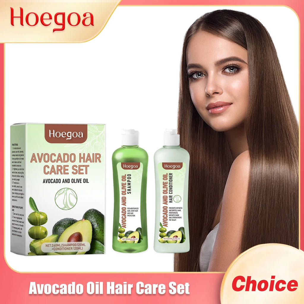 Hoegoa Avocado Oil Hair Care Set Improve Growth Thicken Deep Cleaning Plants Extract For Silky Hair Shampoo Conditioner Products