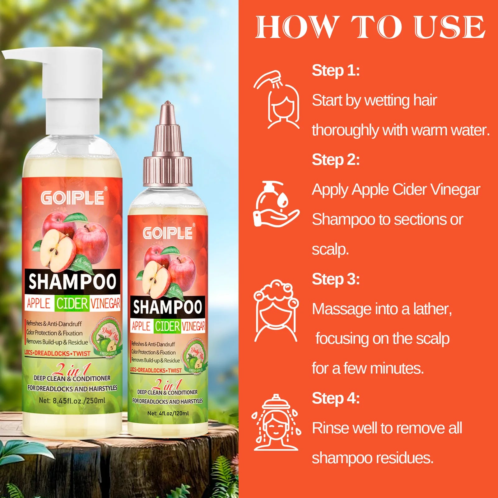 GOIPLE 2 in 1 Apple Cider Vinegar Shampoo Conditioner Refreshes Anti-Dandruff Hair Deep Clean Scalp for Locs Dreadlocks Twist